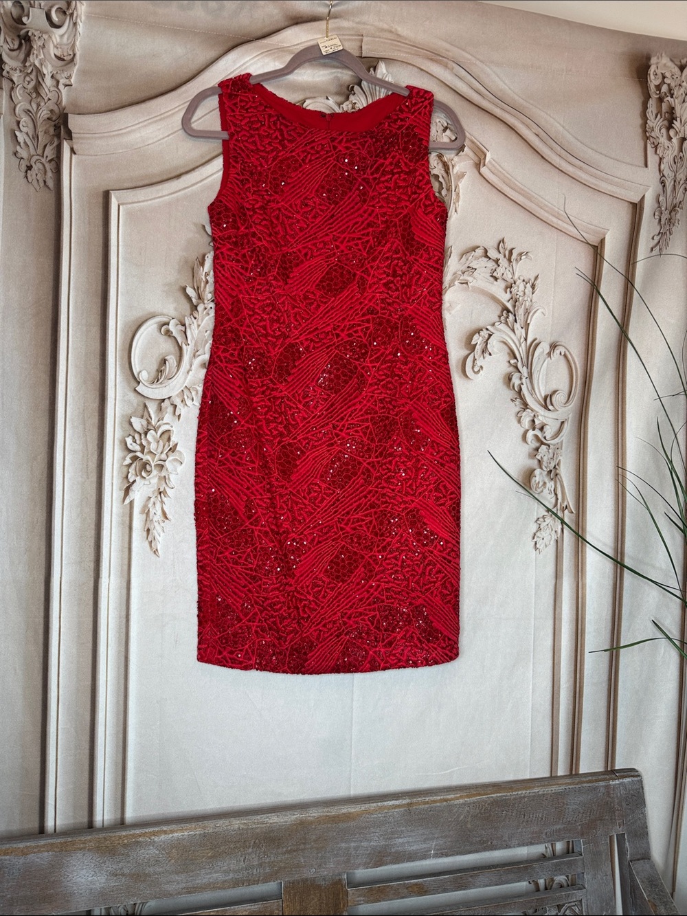 TONY  WARD Sleeveless Red Beaded Mini Dress
